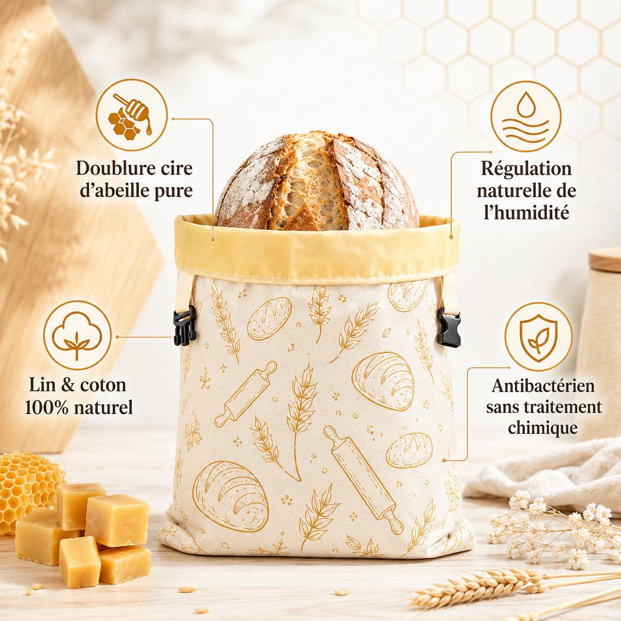 La Maison De Louise Sac À Pain En Cire D'Abeille Réutilisable Coton Naturel Conservation Fraîcheur 43x33cm (Formule 3,2PCS)