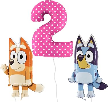Toyland Bluey & Bingo Balloon Pack - 2 x 80cm 32" Character Balloons & 1 x 100cm 40" Spotty Number 2 Balloon - Kids Party Decorations