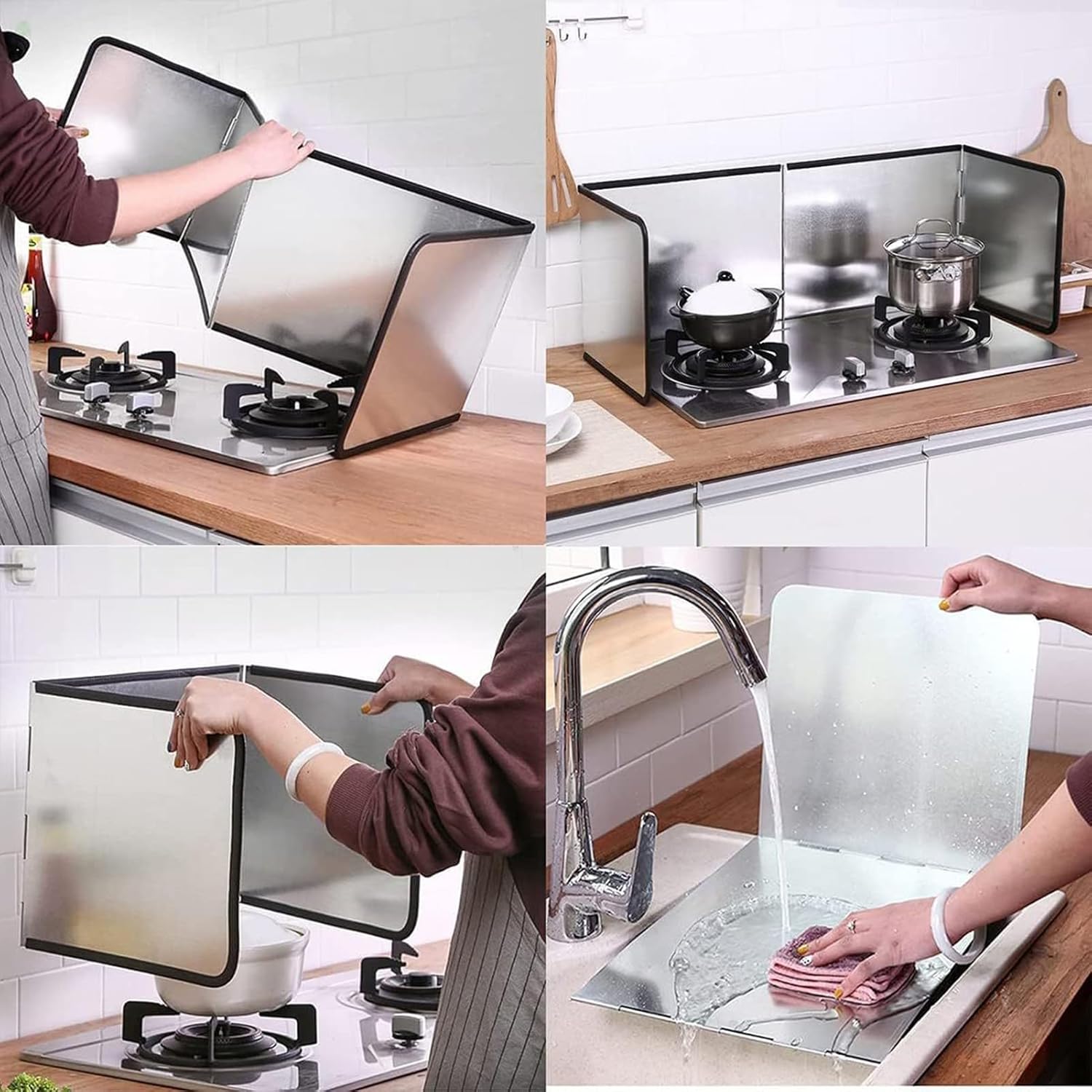 Bewinner 3 Sided Splatter Guard for Frying, Foldable Oil Screen with Heat Insulation, Stove Top Splatter Guard for Kitchen, 39x29.5x30cm