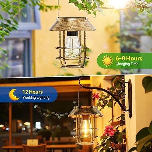 Miniatura 4 de Faroles solares impermeables para exteriores, luces solares colgantes de alto brillo para exteriores con ganchos de pared, faroles de metal retro