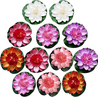 12 Pcs Artificial Floating Foam Lotus Flower with Water Lily Pad, Lifelike Ornaments Home Garden Pond Decor Indian Decorations Return Gifts