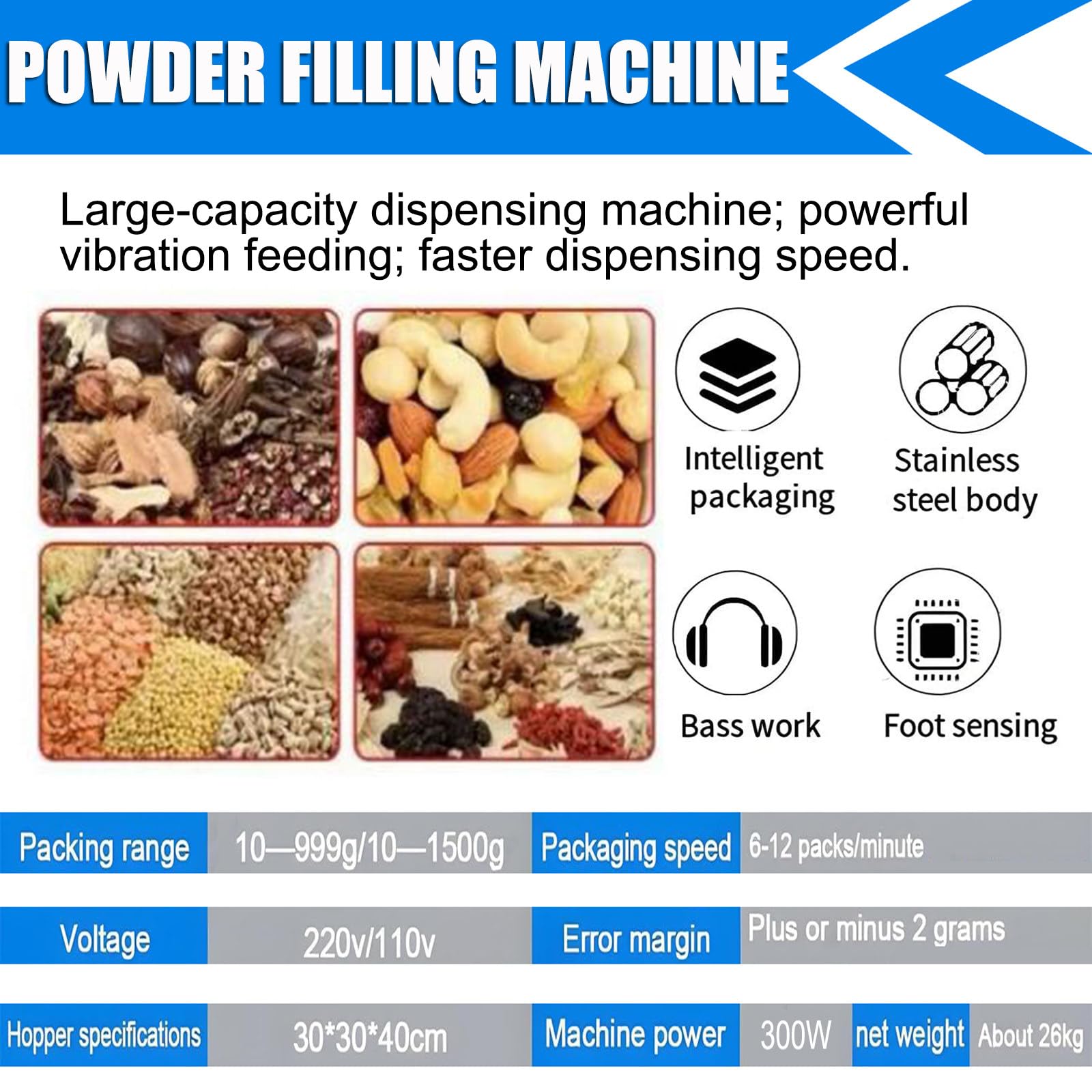 Máquina automática de llenado de Polvo con Pedal, Velocidad Ajustable 10g a 1500g, Operaciones eficientes de empaquetado y pesaje