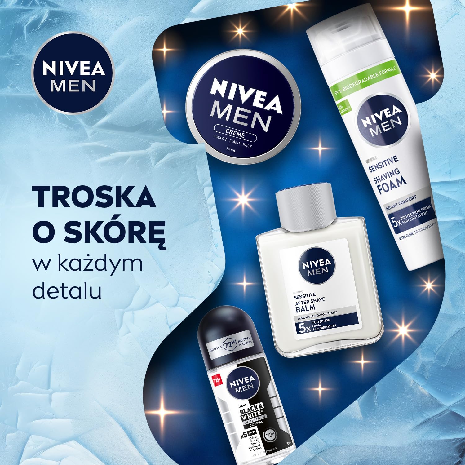 NIVEA MEN Sensitive Elegance Świąteczny prezent - Zestaw kosmetyków dla mężczyzn do twarzy i ciała: pianka do golenia, balsam po goleniu, antyperspirant i krem + kosmetyczka GRATIS