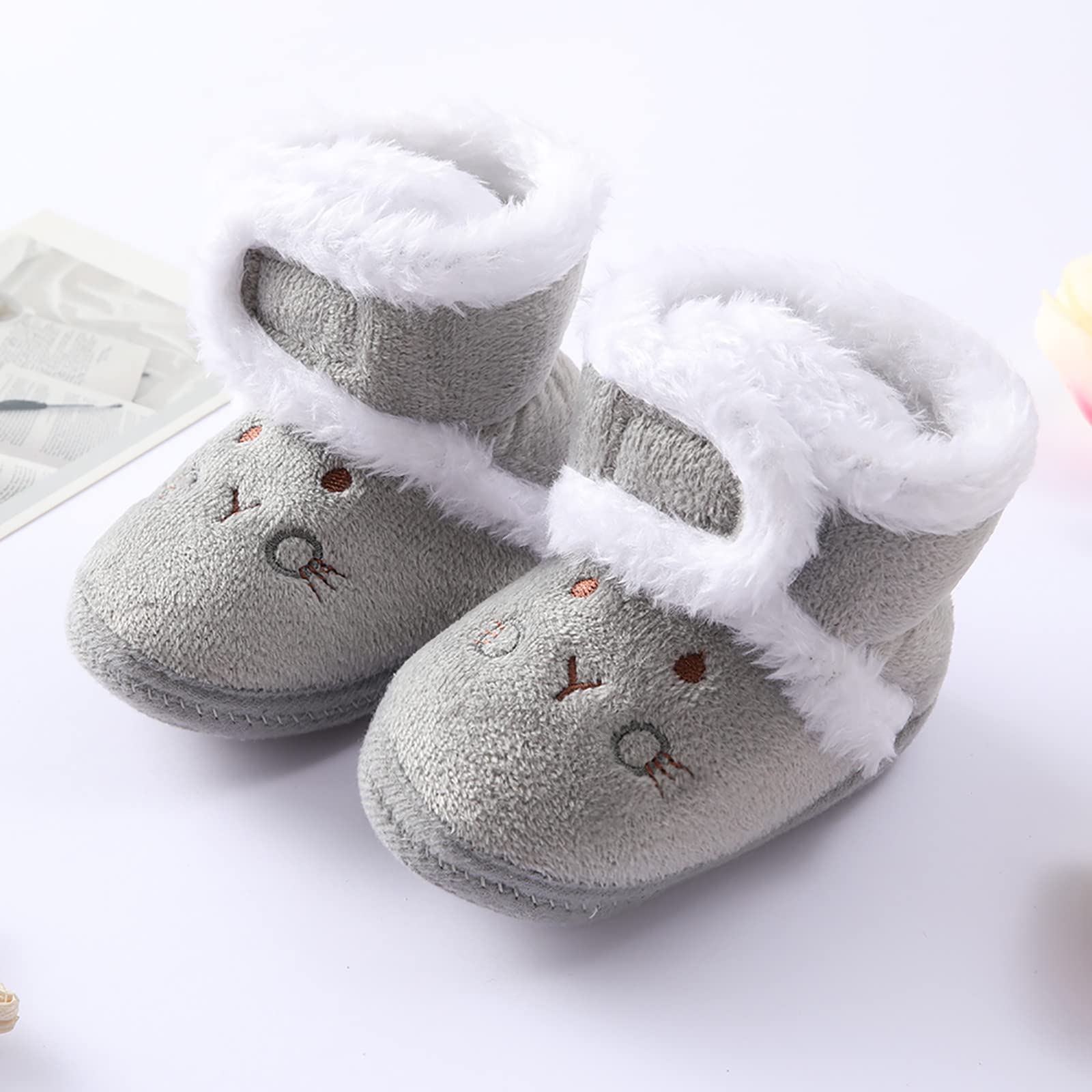 Fleece Baby Booties Girls Boys Non-Slip Winter Boots Newborn Soft Warm Slippers Sock Shoes Infant Fuzzy Boots Shoes (Grey, 0-3 Months)