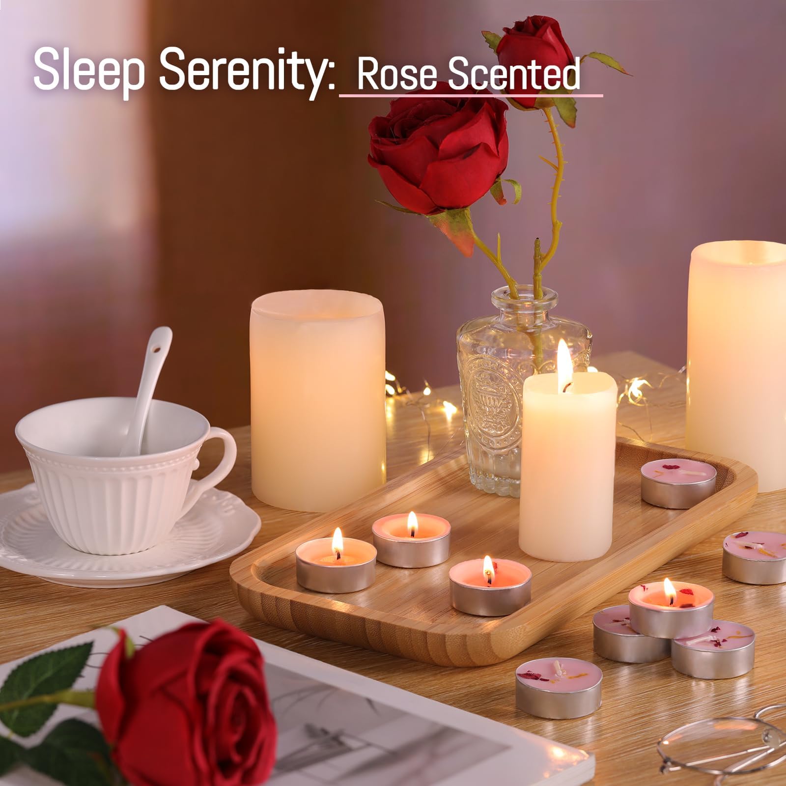 Świece tealight o zapachu róży, świece herbaciane z suszonymi kwiatami, 4H bezdymny wosk palmowy, różowa świeca do herbaty, na wesela, Boże Narodzenie, do spa, kąpieli, 15 szt