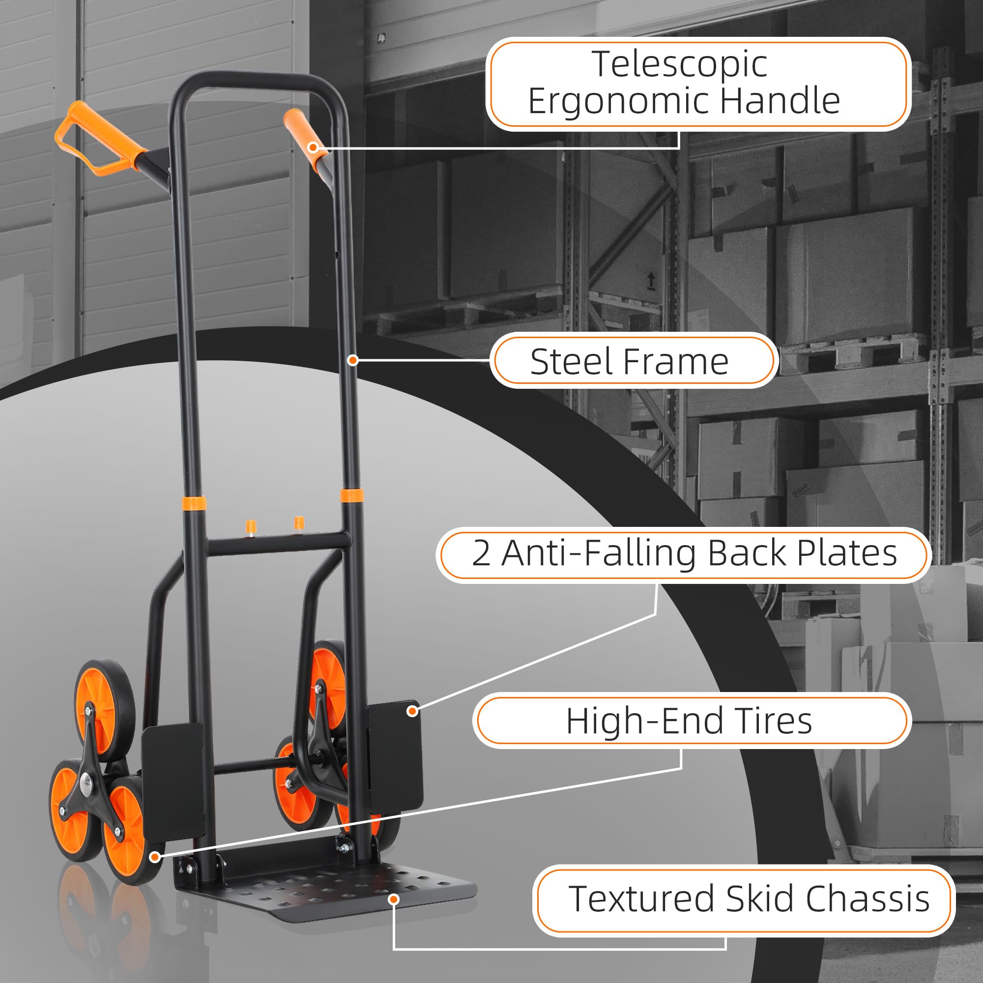 DURHAND Treppensteiger-Handkarre, robuster Faltbarer Rollwagen auf Rädern, Mehrzweck-Sack, Stahlwagen, Umzugskarren, 120 kg, Orange