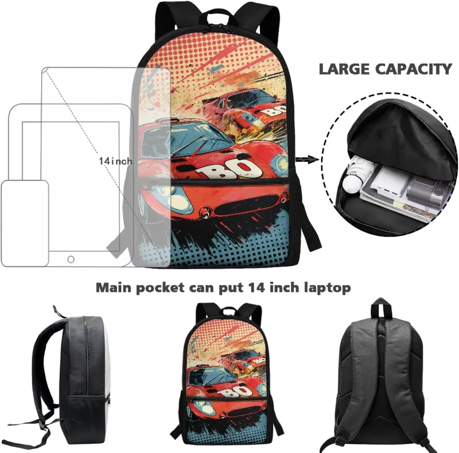 Boys Race Car Backpack for Kids with Lunch Box Pencil Case Water Bottle Sleeve Set, Large Capacity Bookbags Travel Bag Elementary Middle School Students, 4pcs Back To School Gift