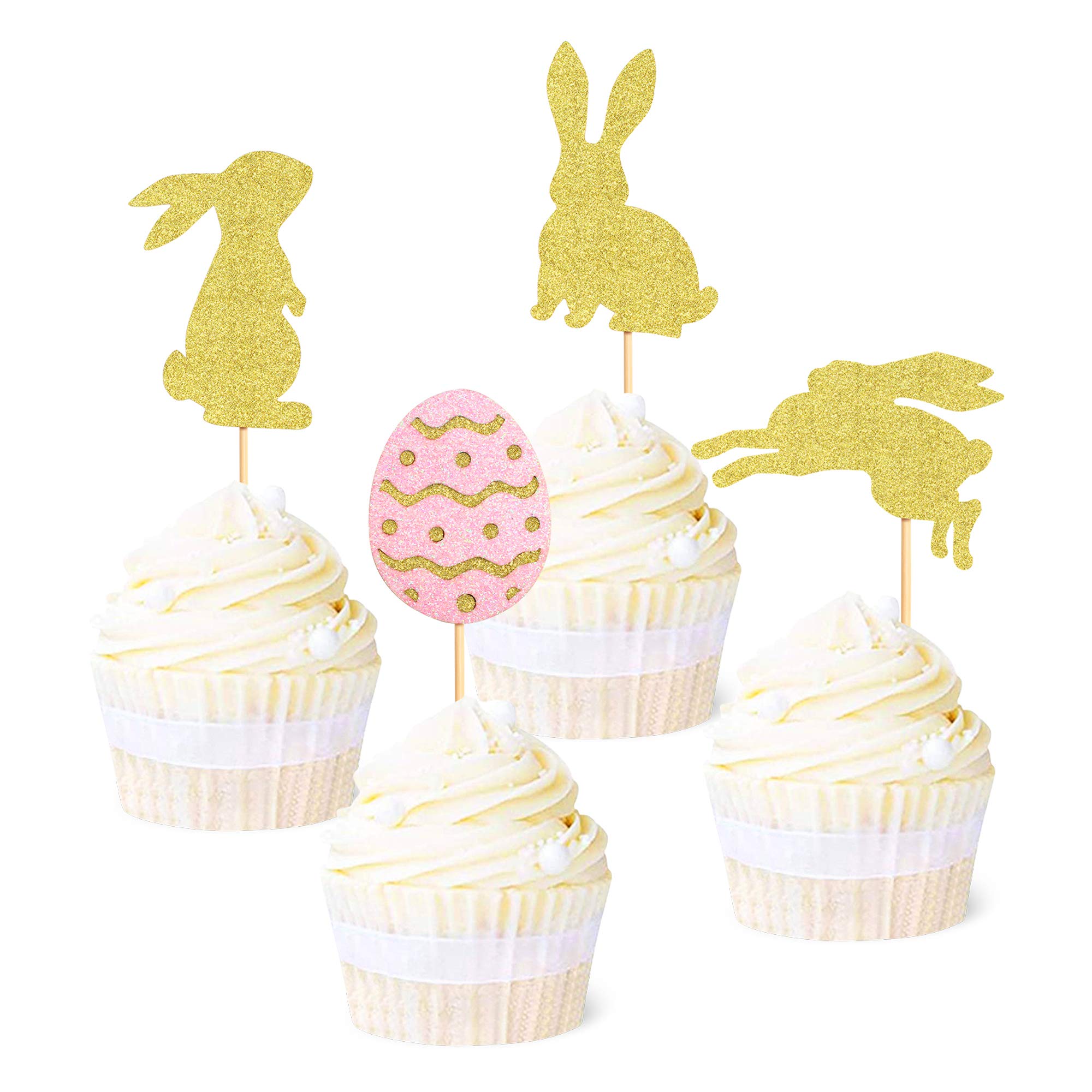 Blumomon 24Pcs Easter Eggs Rabbit Cupcakes Toppers Glitter Happy Easter Cupcake Toppers Rabbit Bunny Cake Toppers for Easter Party Cake Decorations