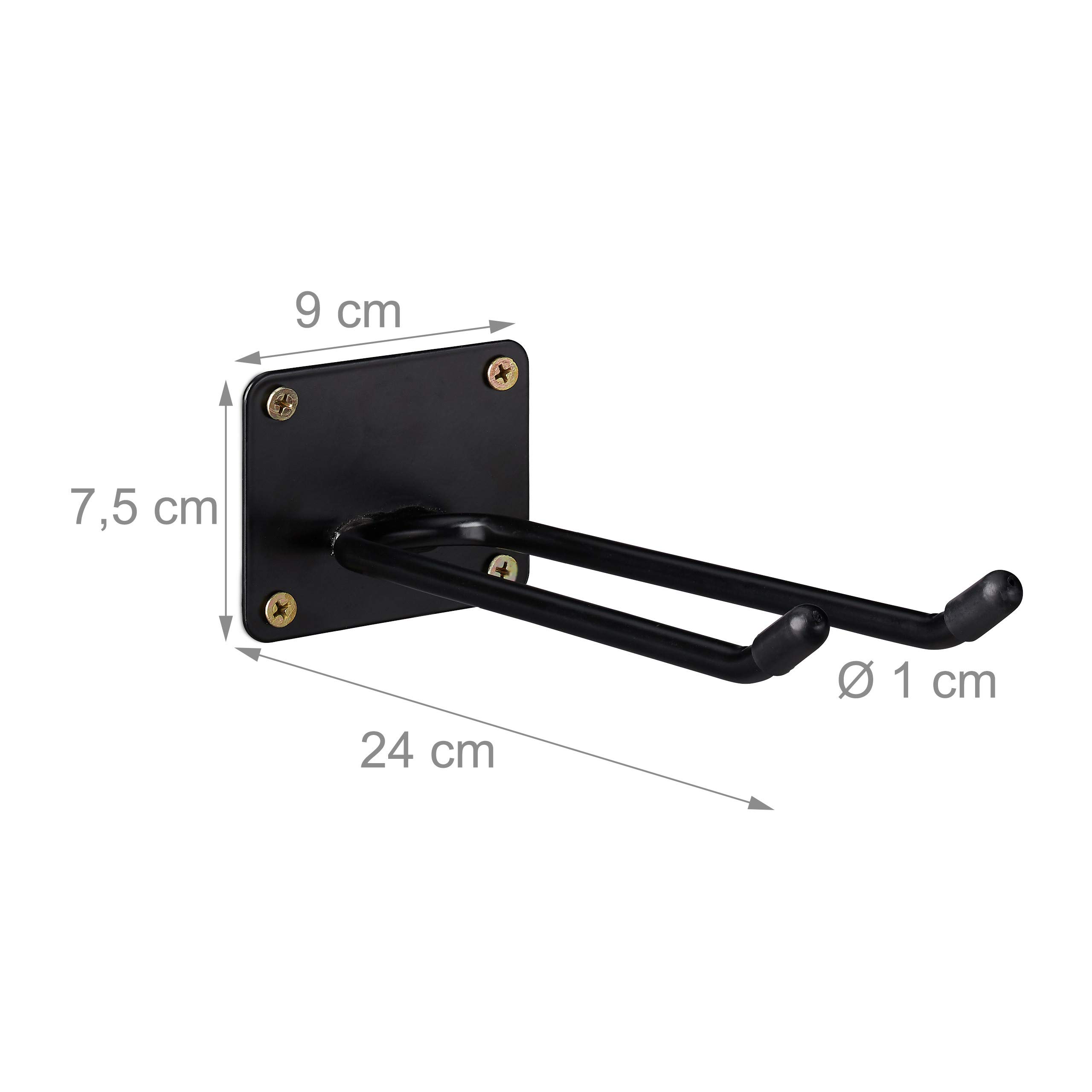 Relaxdays Gerätehalter Wandhalterung, Doppelhaken, Besenhalter, Spatenhalter zum Anschrauben, Wand, Stahl, 24cm, schwarz