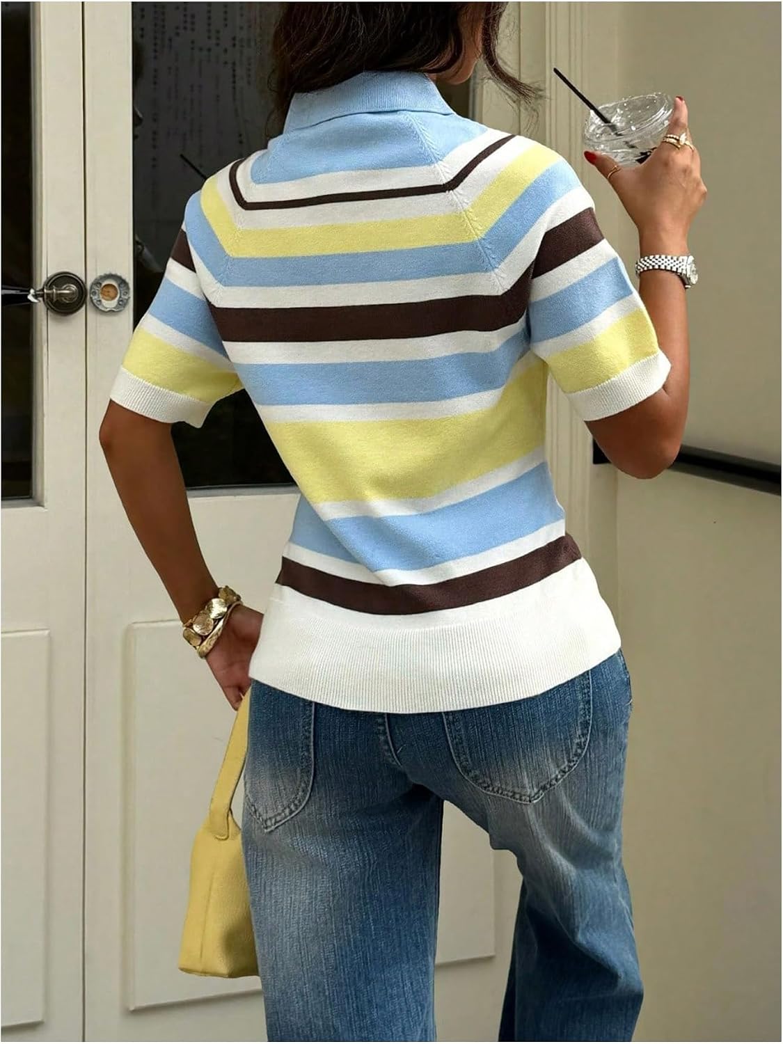 MakeMeChic Women's Striped Sweater Short Sleeve Collared Knit Preppy Tops