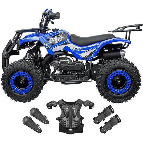 Gas ATV, 49cc Kids Gas Powered Quad, 4 Wheeler for Kids, Four Wheeler with Front Rear Shock Absorbers, Disc Brakes, Kill Switch, Pull Start, Bumper, Safety Gear, Blue