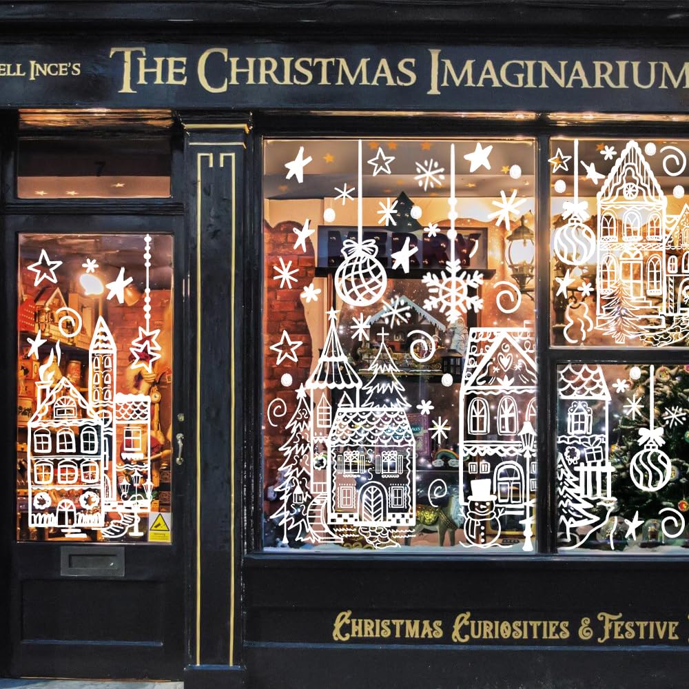 DIYDEC 4 Bögen große Weihnachts-Fensteraufkleber, weißes Haus, Schneemann, Schneeflocke, PVC, Winterlich, 40 x 70 cm, für Glas