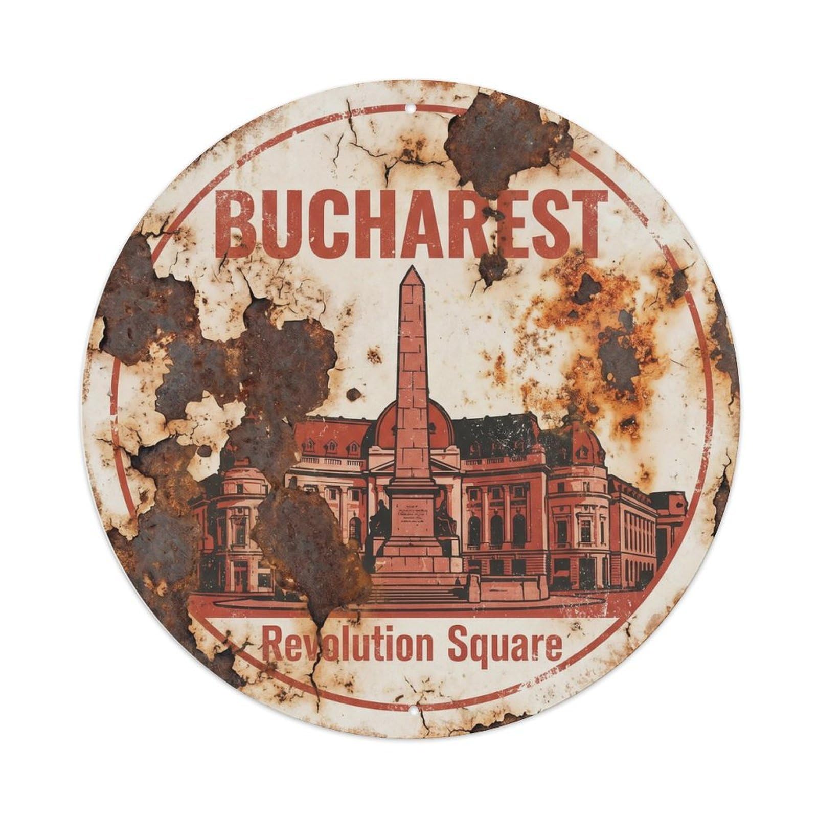 Classic Bucharest City Landmark Revolution Scenic Europe Metal Tin Sign Plaque Wall Decor for Cafe, Man Cave, Club Bar, Office, Home Garden Round Metal Poster 8x8Inch