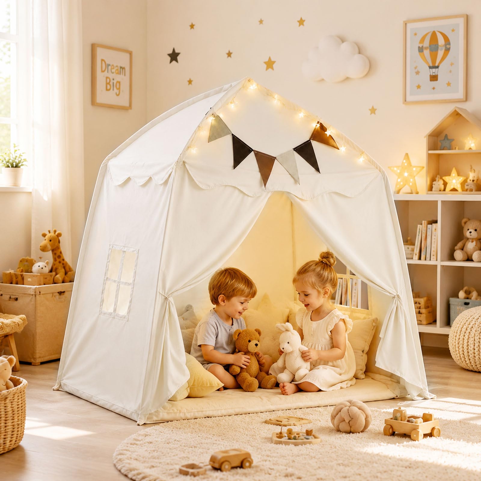 Extragroßes Spielzelt für Kinder – Tragbares & Faltbares Tipi Spielhaus mit Flaggen, Jungen & Mädchen, Kuppelzelt für drinnen und draußen, 150x100x150 cm (Cremefarben)