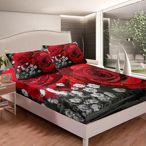 Miniatura 3 de Juego de sábanas con estampado de rosas rojas, tamaño King, ropa de cama con estampado 3D, sábanas botánicas para el día de San Valentín, juego de