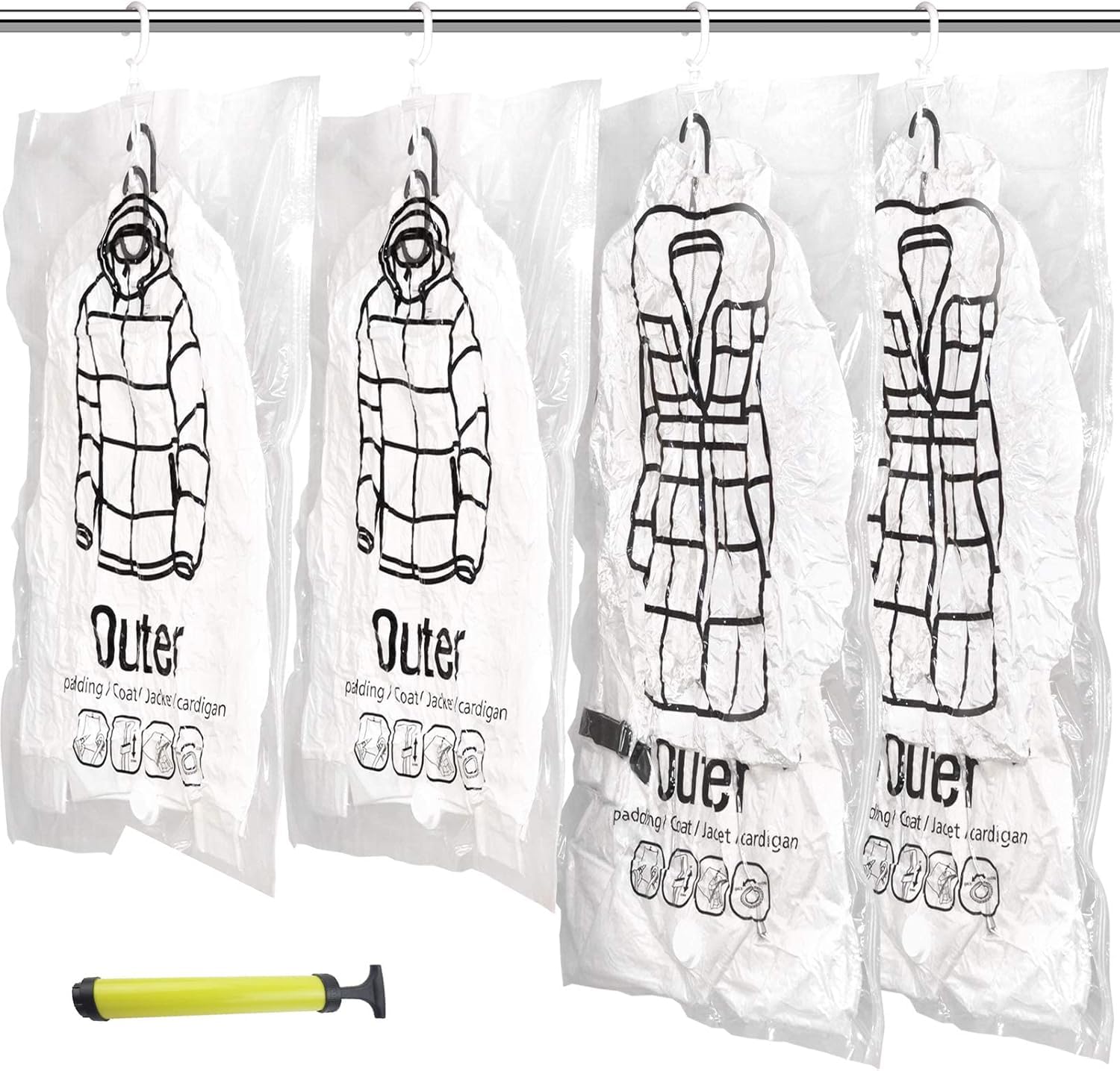 Hanging Vacuum Space Saver Bag, 4 Pack Reusable Vacuum Storage Bags with Hangers and Suction Pump, Space-Saving Vacuum Bags for Sweater, Coat, and Suit