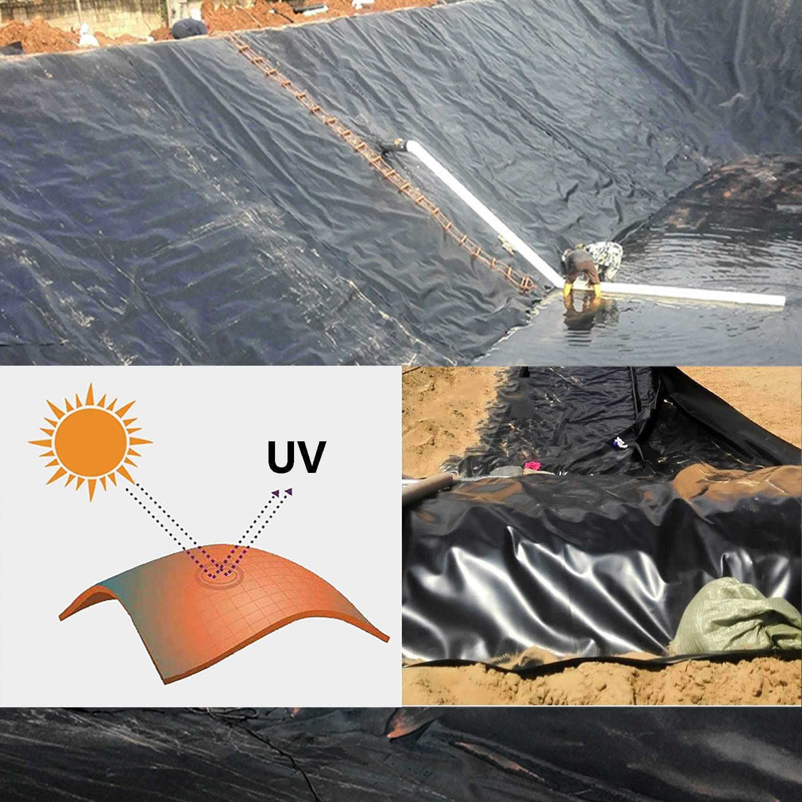 Forro impermeable de polietileno negro ultra resistente de 8 x 12 pies para peces al aire libre, carpas y jardines, duradero, resistente a los rayos UV, ideal para paisajismo