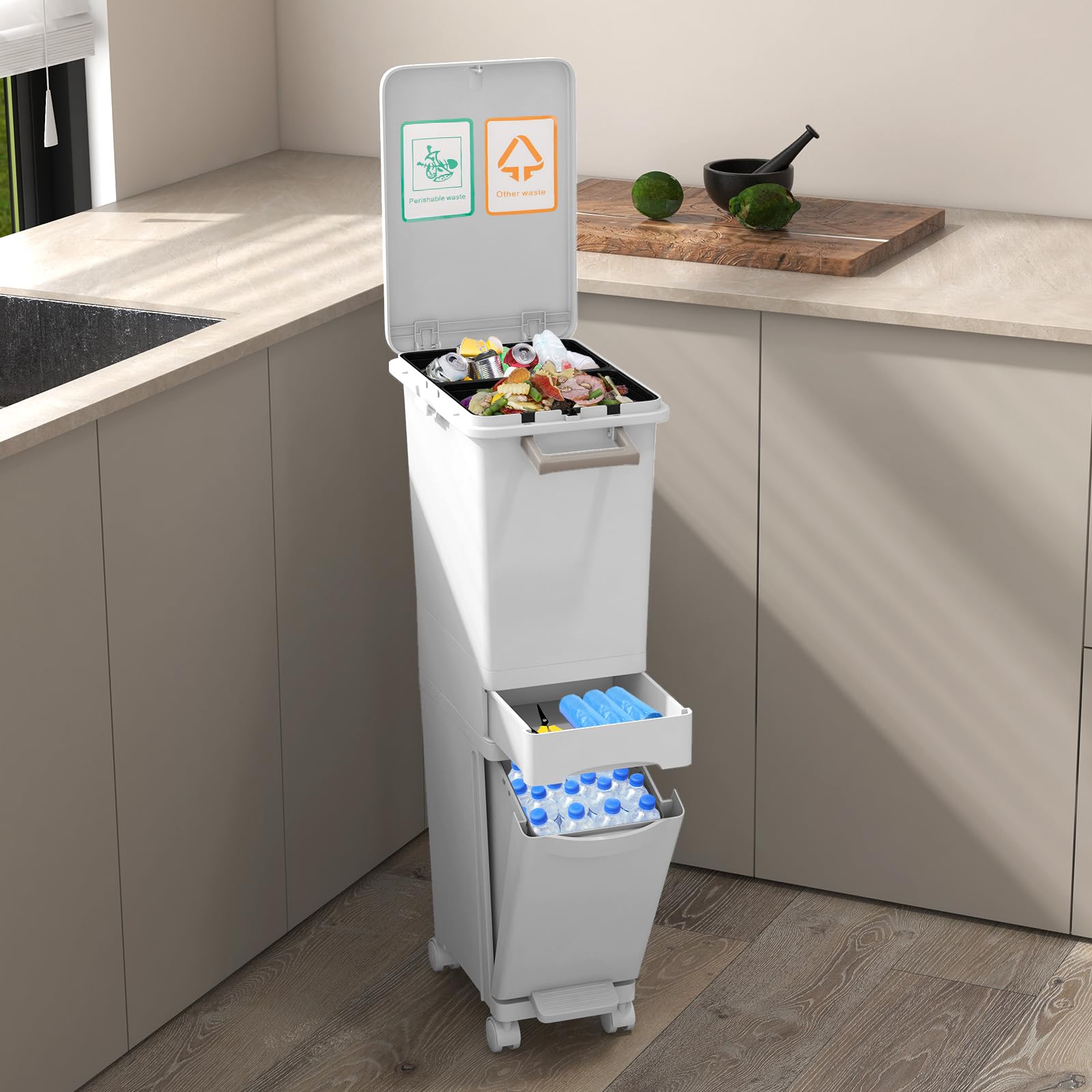 LIFEZEAL 32 L Pattumiera Differenziata a 3 Scomparti, 1 Cassetto, Pedale, 4 Ruote, Maniglia, Ganci, Apertura Facile, Bidoni Interno, Cestino Spazzatura, Secchio Rifiuti, Raccolta Differenziata Cucina