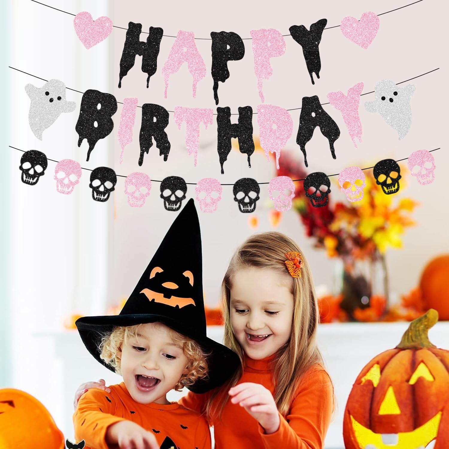 Pink Glitter Halloween Birthday Banner Black and Pink Heart Skull Garland Happy Birthday Decorations for Halloween Party Decorations Theme Baby Shower Supplies - Image 5