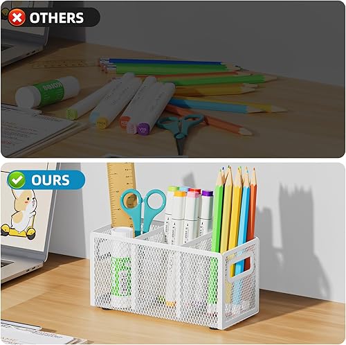 Miniatura 5 de Marbrasse Soporte de malla para bolígrafo, organizador de escritorio, 3 compartimentos ajustables, taza para lápices con asa, perfecto para aula,