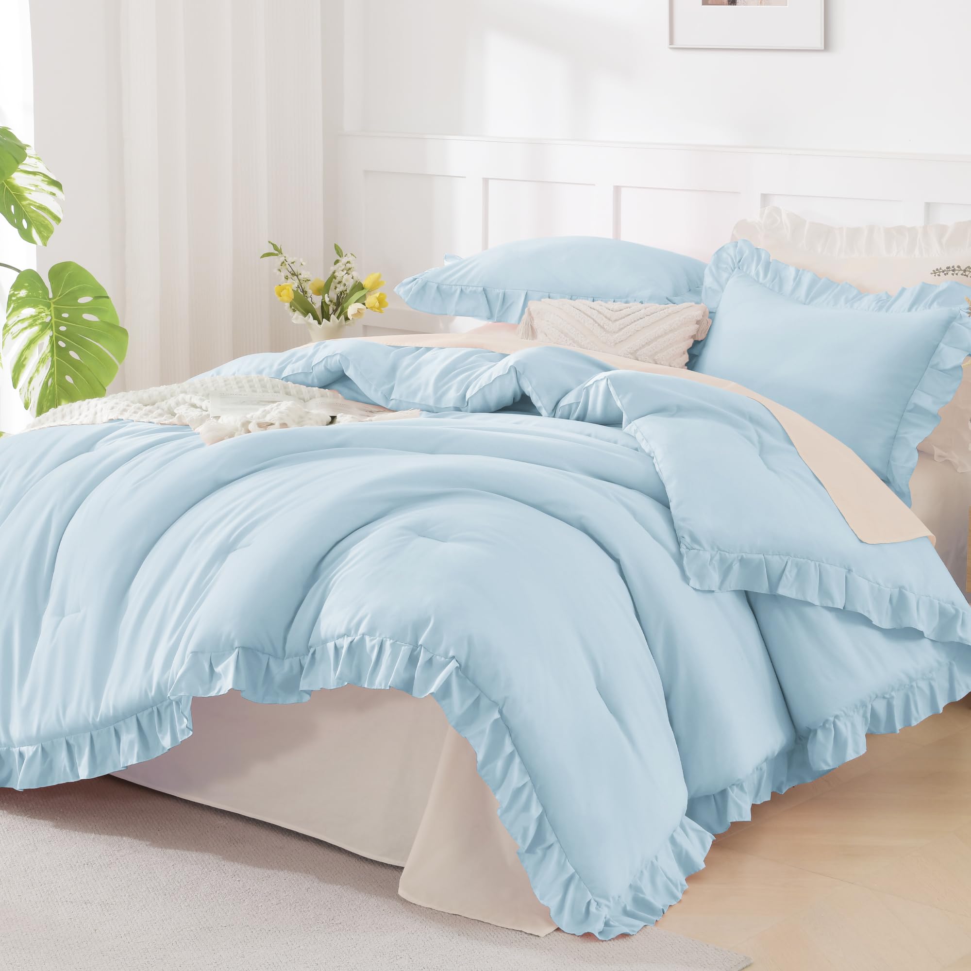 Andency Light Blue King Size Comforter Set, 3 Pieces Solid Farmhouse Shabby Chic Bedding Comforters & Sets, All Season Western Rustic Soft Down