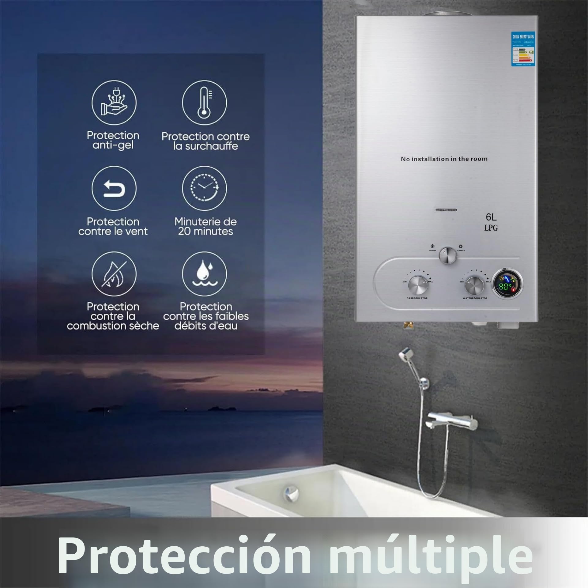 6L Calentador de Agua a Gas Propano LPG Calentador de Agua a Gas Butano 12KW Calentador de Agua de Gas Licuado de Petróleo sin Tanque,6L/min,para Baño/Cocina/Autocaravana/Camping