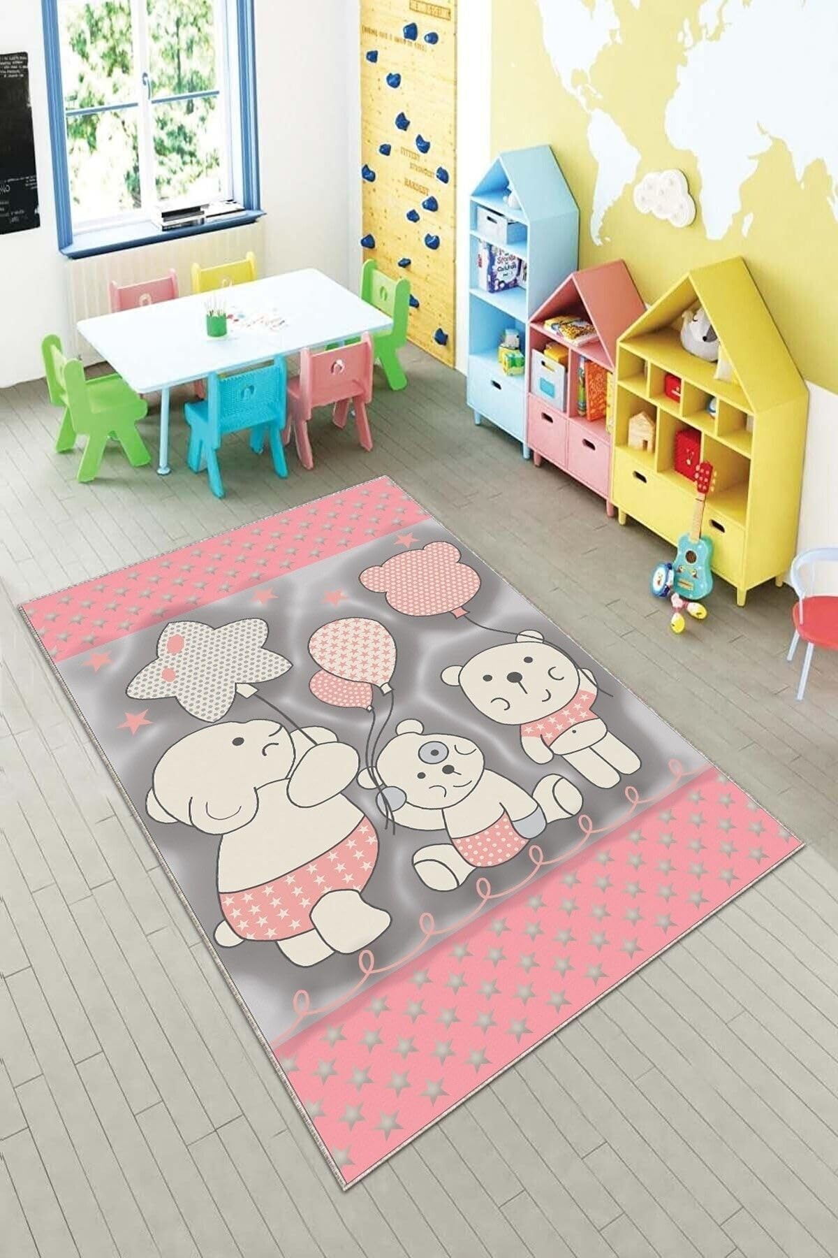 Pelangi Pembe Sevimli Hayvan Desenli Yıkanabilir Kaymaz Taban Leke Tutmazbebek Ve Çocuk Odası Halısı, Pembe 160 x 300