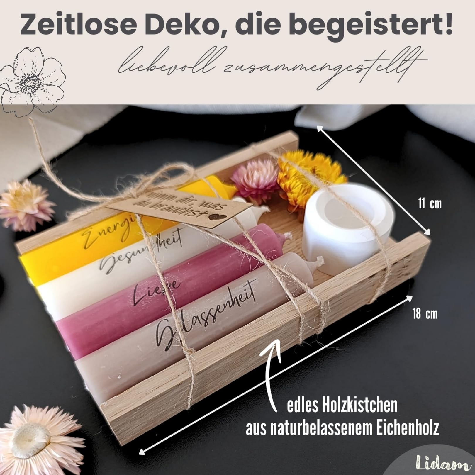 Kerzen Geschenkset Geburtstagsgeschenk für Frauen oder Freundin | nimm dir, was du brauchst | Mitbringsel | Kerzenhalter Holzkiste mit Kerzen Deko und Strohblumen