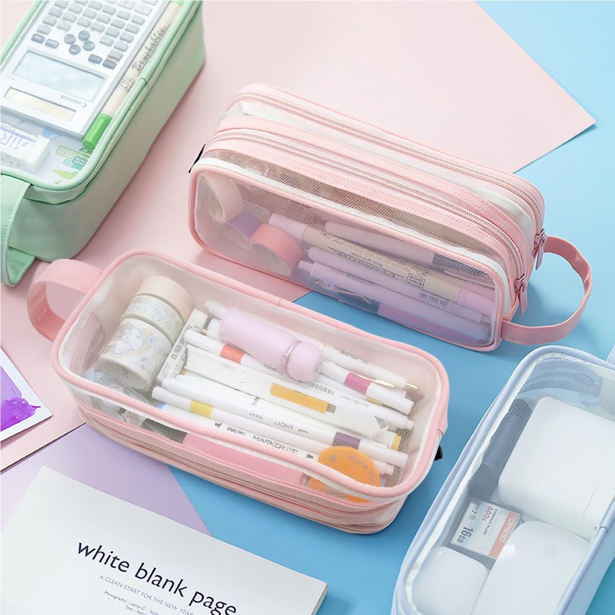 MAMUNU Clear Pencil Case for Exams Large Capacity Transparent Mesh Pencil Case with 2 Compartments Zipper - Image 3