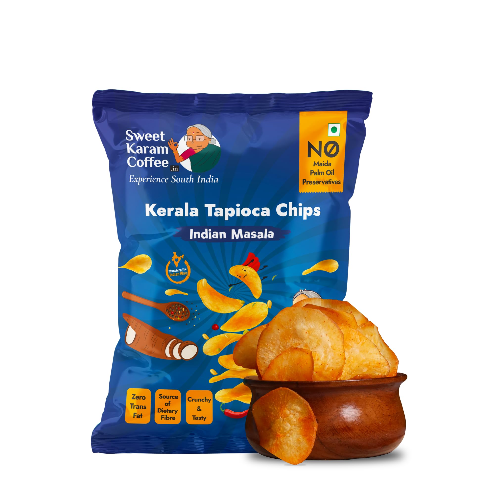 Sweet Karam Coffee Indian Masala Tapioca (Kappa) Chips | No Palm Oil | No Preservatives | Indian Masala Flavor Cassava Chips| Experience the Kettle Cooked Kerala Maravalli Kilangu | Vegan | 65 Grams-image-14
