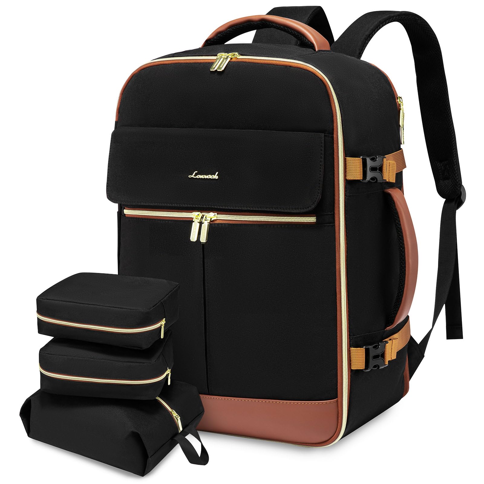 LOVEVOOK Carry On Backpack, 50L Travel Backpack Women with 3 Packing Cubes, TSA Airline Approved Suitcase Bag as Personal Item, Waterproof 18 inch Laptop Backpack for Weekender Overnight,Black-Brown