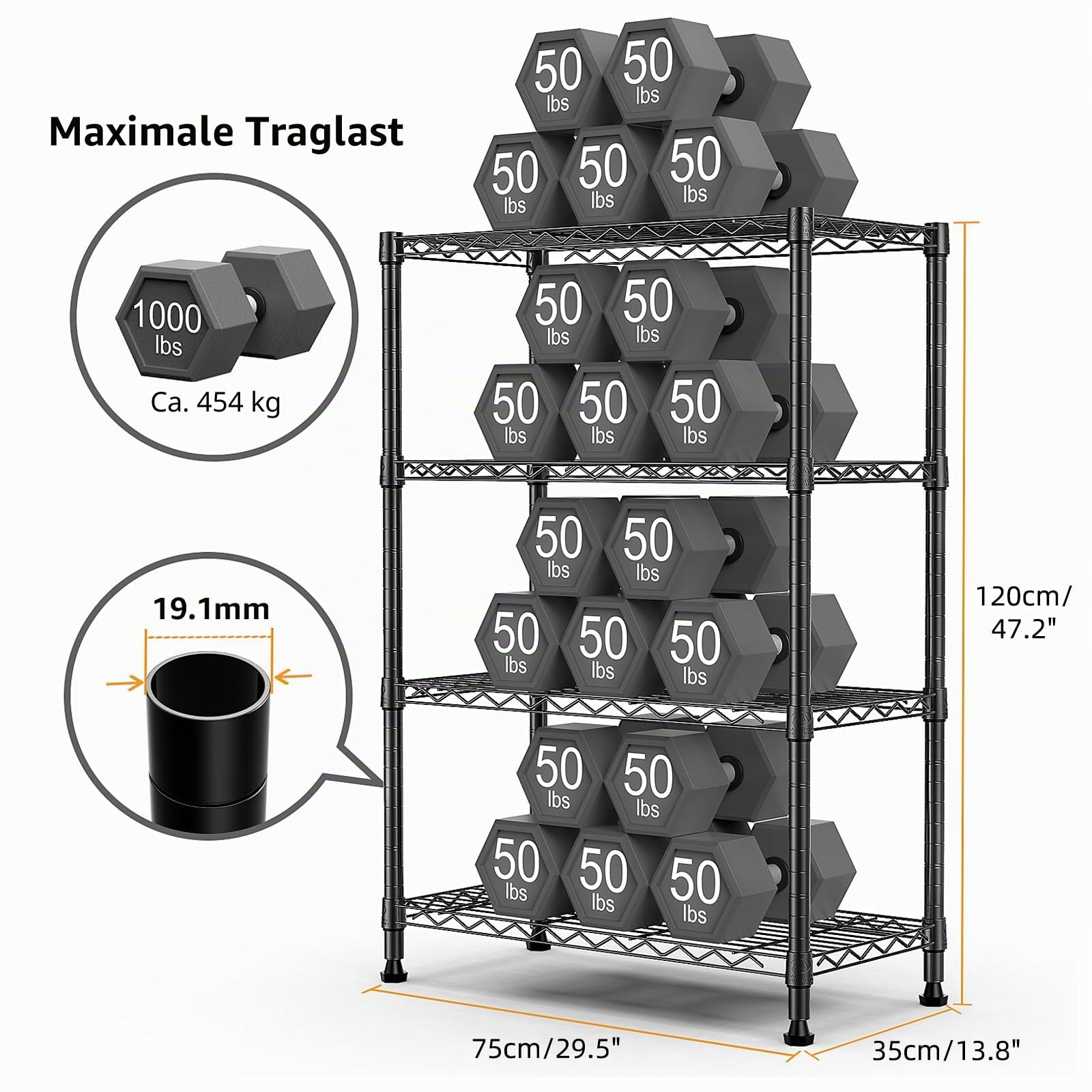 M MZG 4-stufiges Metallregal, stabiles Schwerlastregal bis 454 kg, für Garage, Keller, Werkstatt, Abstellraum und Hobbyraum geeignet, Schwarz, 35×75×120.7 cm