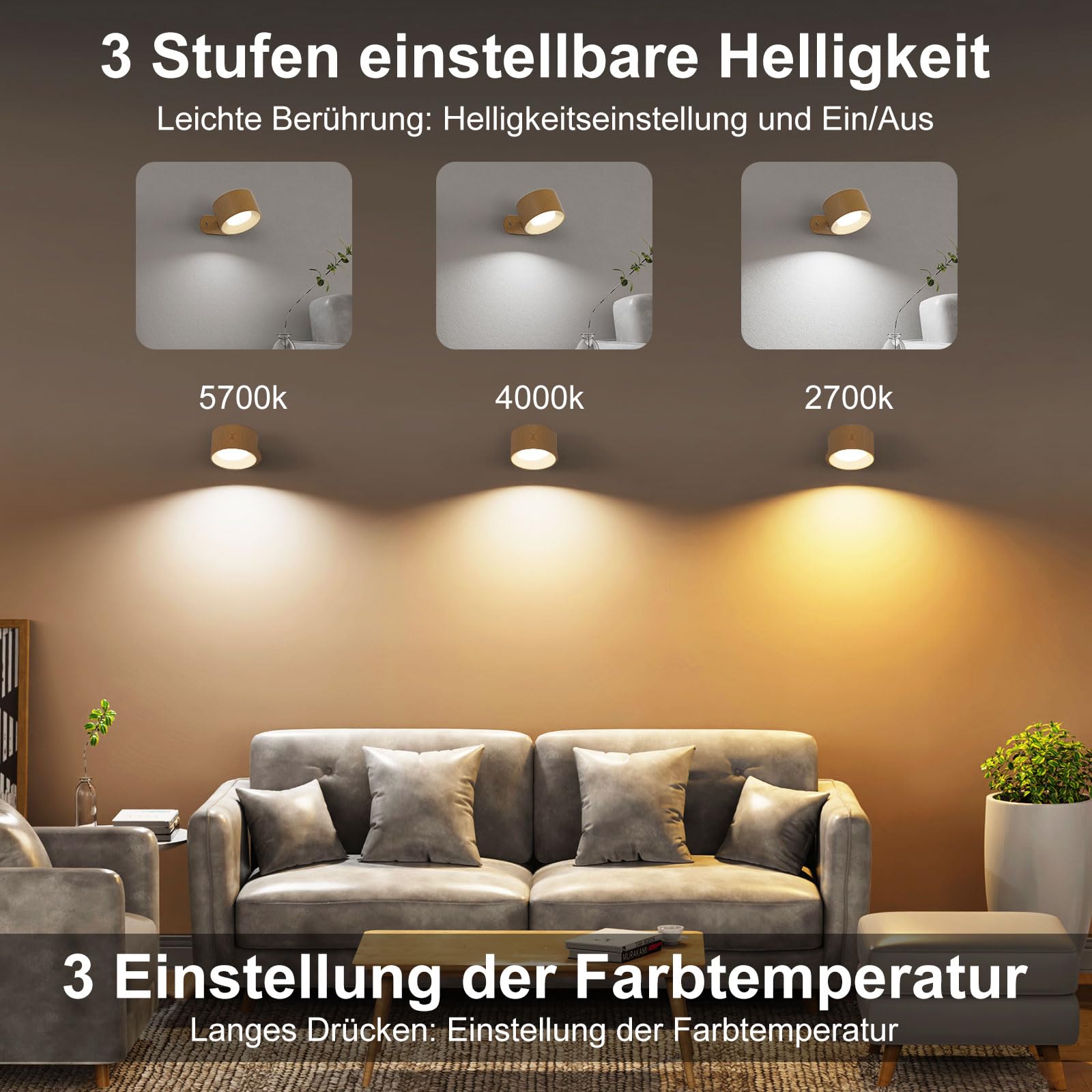 Feallive LED Wandleuchte Innen, Wandlampe mit Akku 2 Stück,Touch Control 3 Helligkeitsstufen, 360° drehbare, für Wohnzimmer Schlafzimmer TreppenhausFlur kabellose wandleuchten Holzmaserung