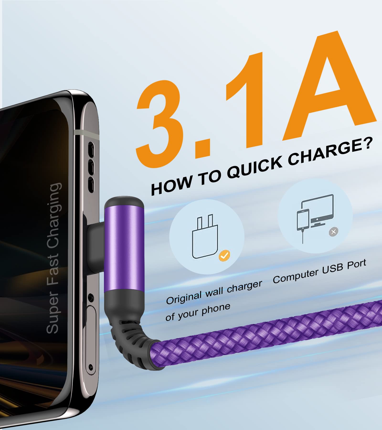 Cavo USB C 90 gradi [2 pezzi 3 m] 3.1A ricarica rapida, cavo di ricarica Cavo USB C in nylon tipo C per i phone 16 15 Pro Max, Samsung Galaxy S24 S23 S22 S21 S20, Note10/9/8, M31, A71 A52 A51 A50 A40