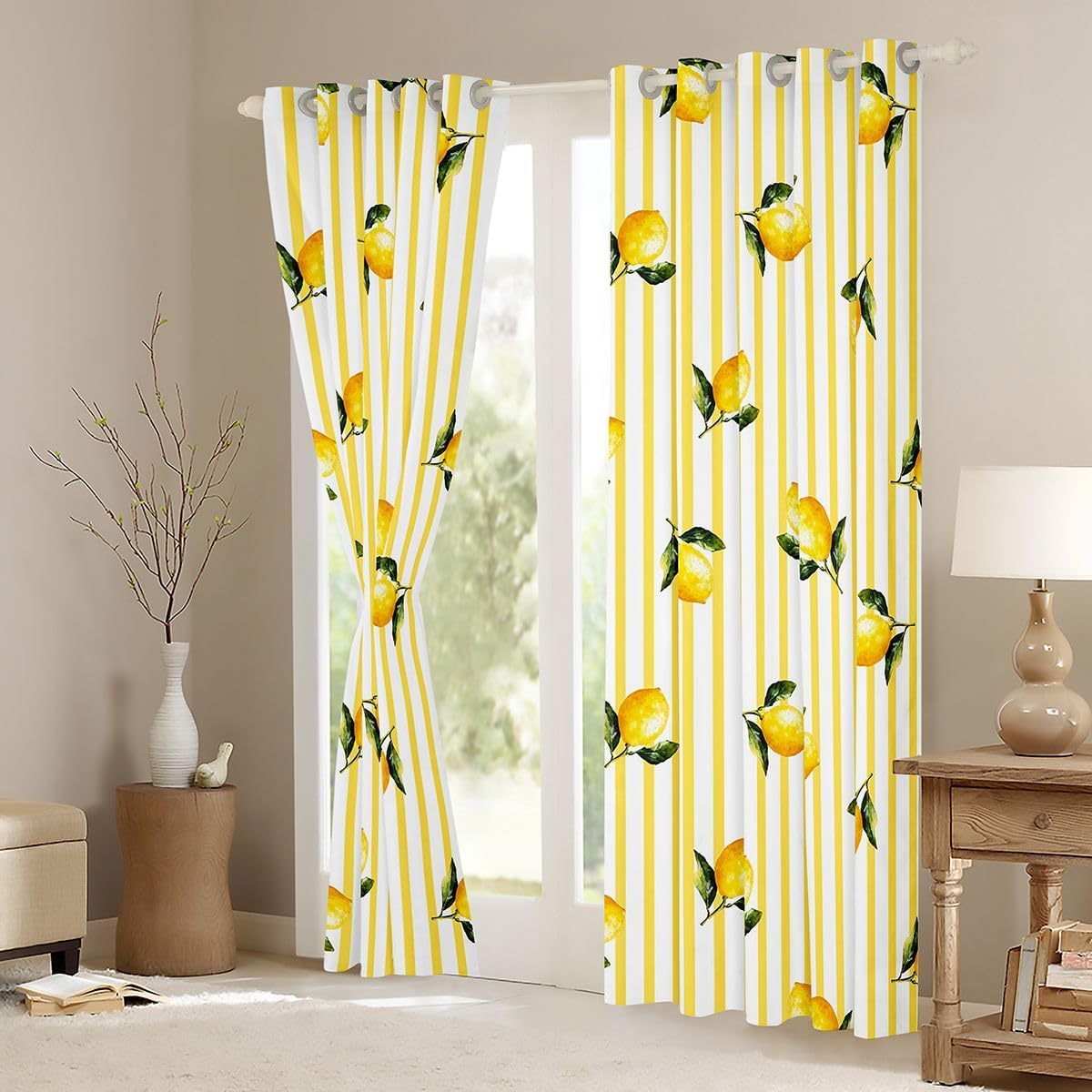 Castle Fairy Lemon Striped Blackout Curtains Summer Fresh Fruit Window Drapes Kids Teens Minimalist Tropical Leaves Window Treatments Grommet Top 2 Panel Set Curtains,42Wx63L Inch Light Yellow