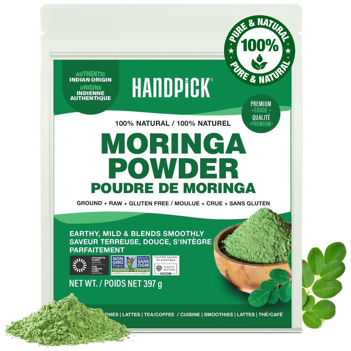HANDPICK, Moringa Powder (397g/14oz) Moringa Oleifera Leaf Powder - Gluten Free, Non-GMO | Perfect for Smoothies, Drinks, Tea & Recipes | Packed in Resealable Zip Lock Pouch