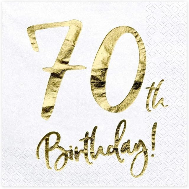 PartyDeco 70th Birday White Paper Napkins Birthday Decorations for Round Birthday Decorative Napkins Paper Handkerchiefs Printed Table