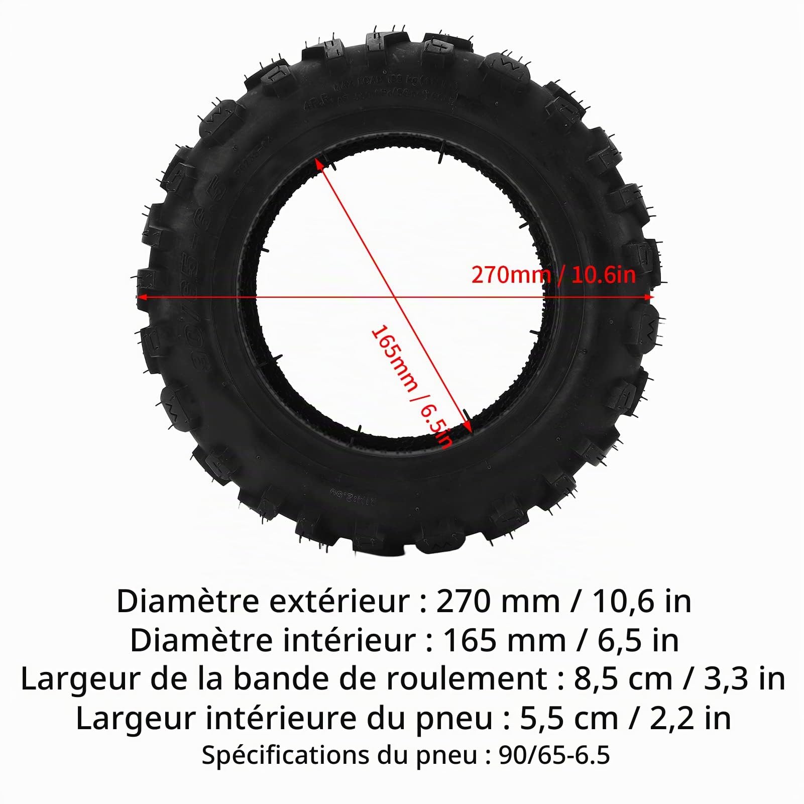 Pneu Scooter Électrique 10 Pouces, Sans Chambre Pneumatique, Roue Arrière 90/65 6.5, Adhérence Exceptionnelle, Performance Tout-Terrain pour City, Loisirs, Transport, et Campagne