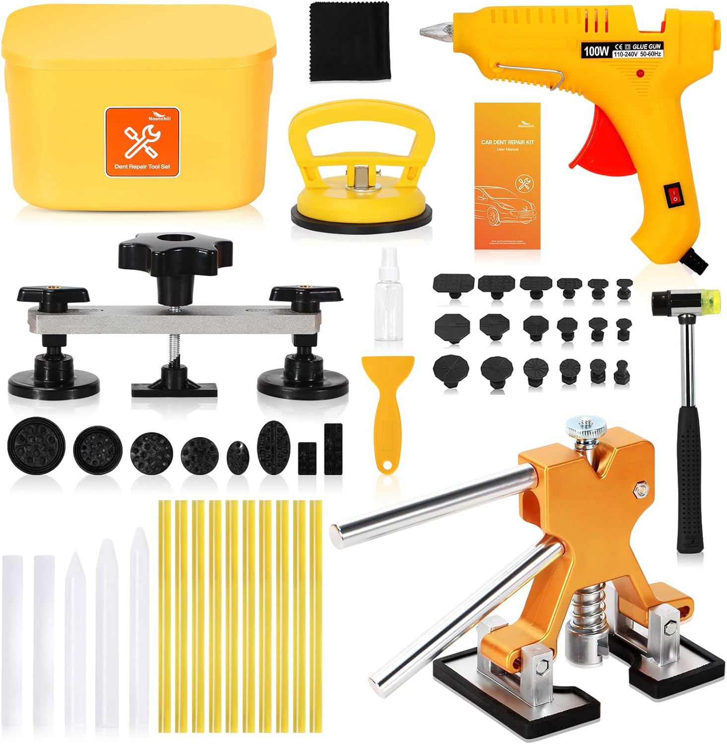 Kit de extracción de abolladuras, reparación de abolladuras sin pintura con extractor de puente de ancho ajustable, extractor elevador, pistola de