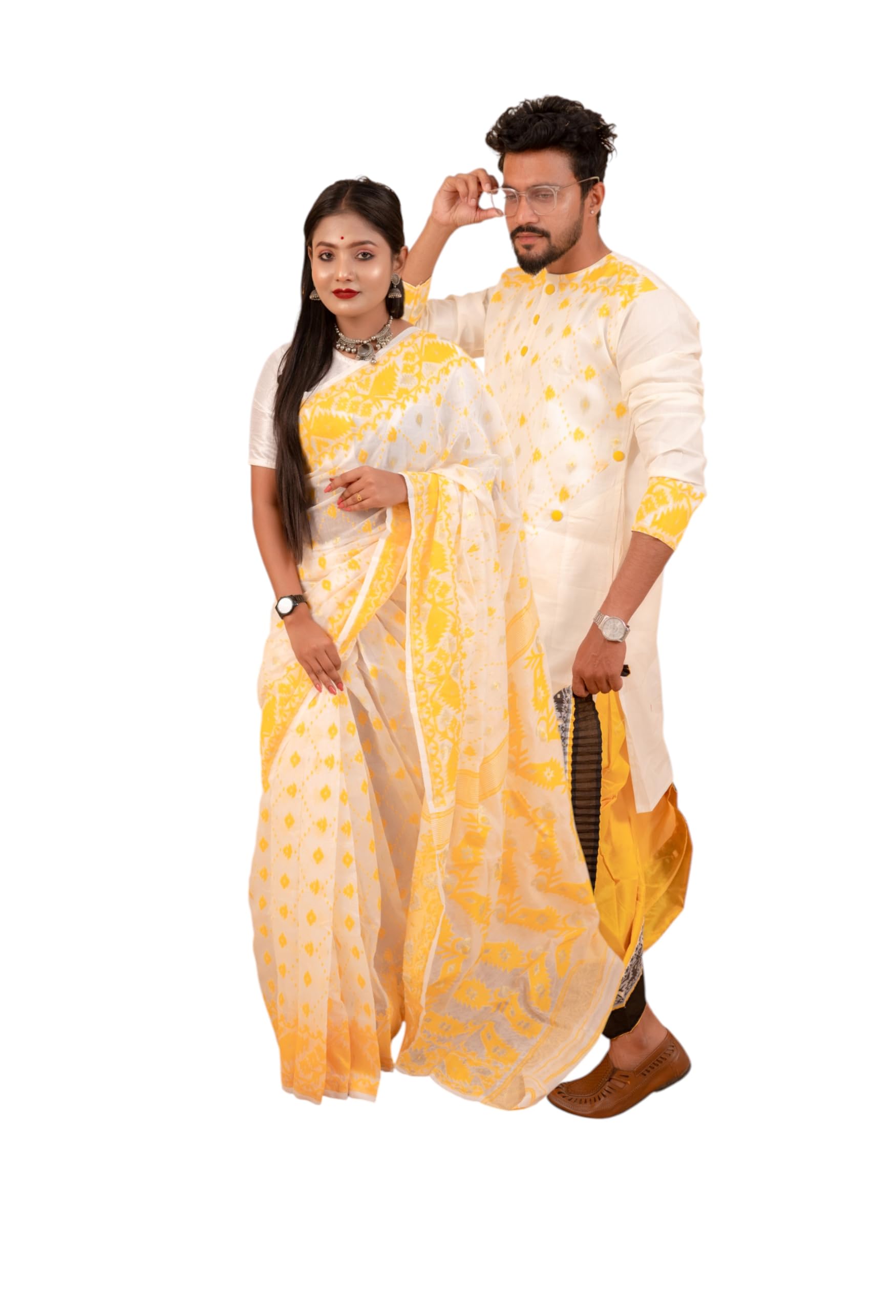 Traditional Dhakai Jamdani Couple Set – Cotton Saree Without Blouse & Men’s Kurta (Yellow White without Dhoti)