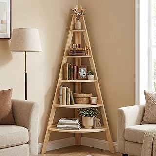 63" Tall Wooden Corner Bookshelf 6 Tier Village Display Stand Large Wood DIY Corner Shelf Display Platforms for Bedroom Living Room Classroom Decor