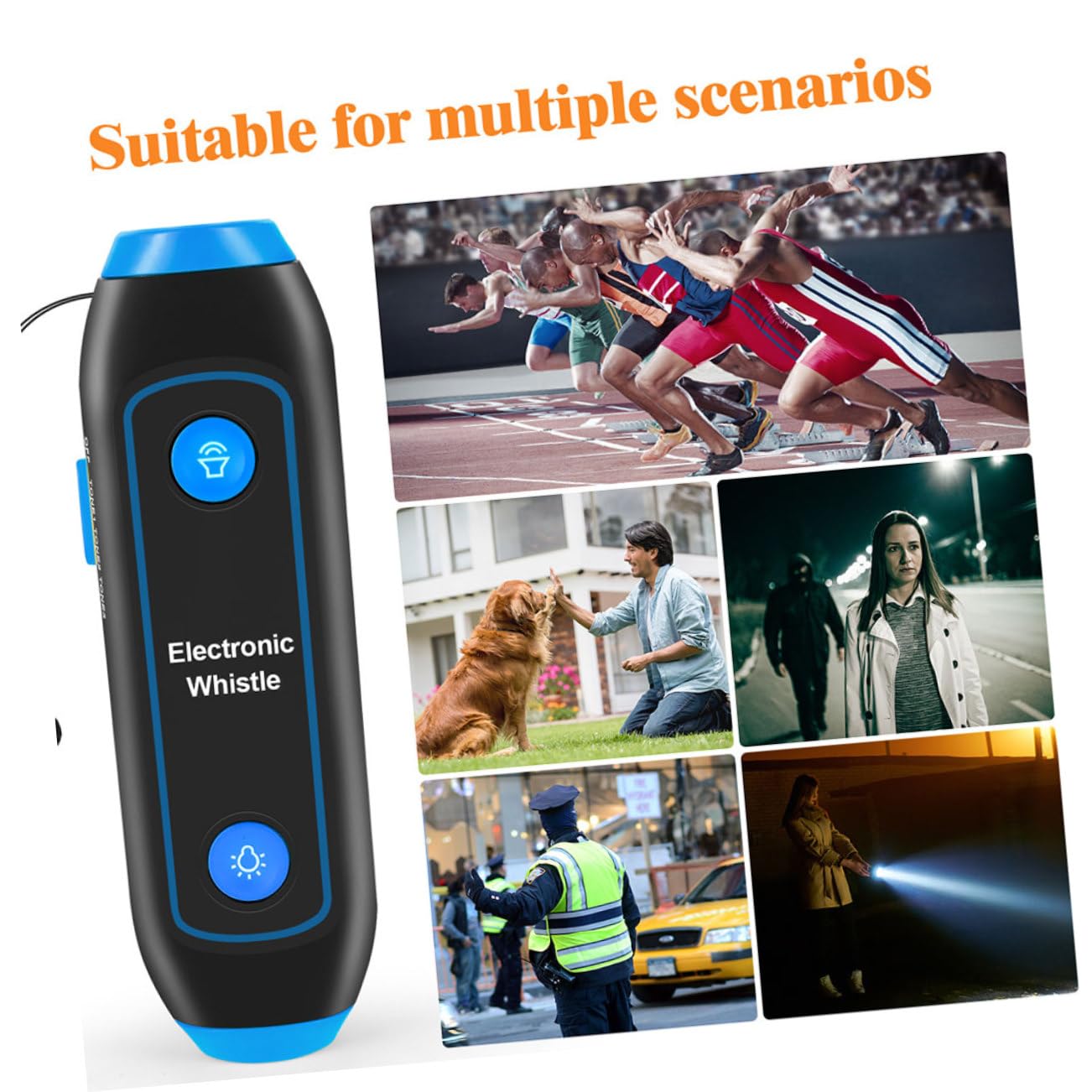 Silbato Electrónico de 3 Tonos con Linterna de Emergencia Azul | Abs, Componentes Electrónicos y Imán, con Cordón Incluido, para Entrenadores y Profesores de Educación Física
