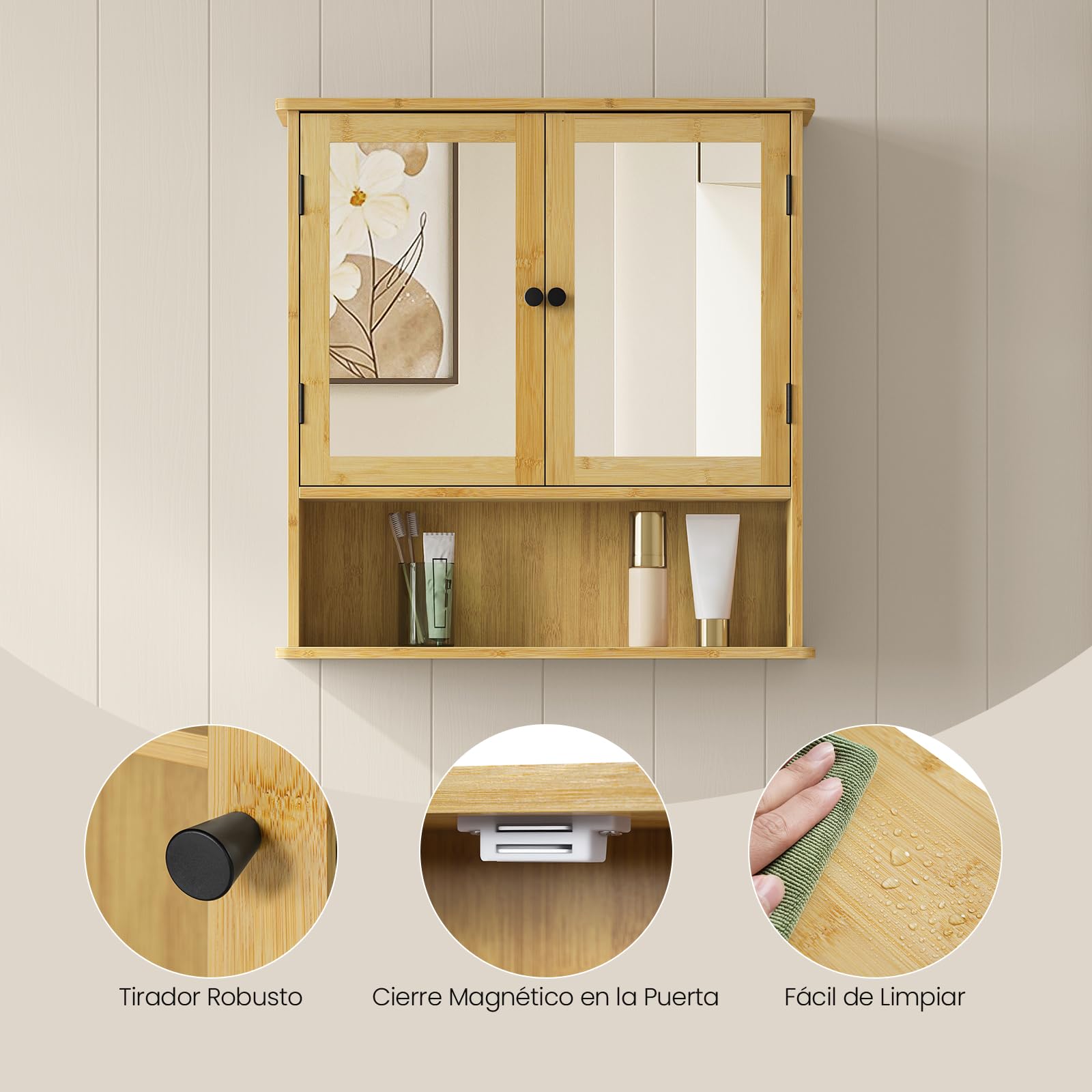 EUGAD Armario Baño de Bambú, Armario Baño Pared con Puertas de Espejo, Mueble con 1 Estante Ajustable y 1 Compartimiento Abierto, Cocina y Dormitorio, 56x14x58 cm