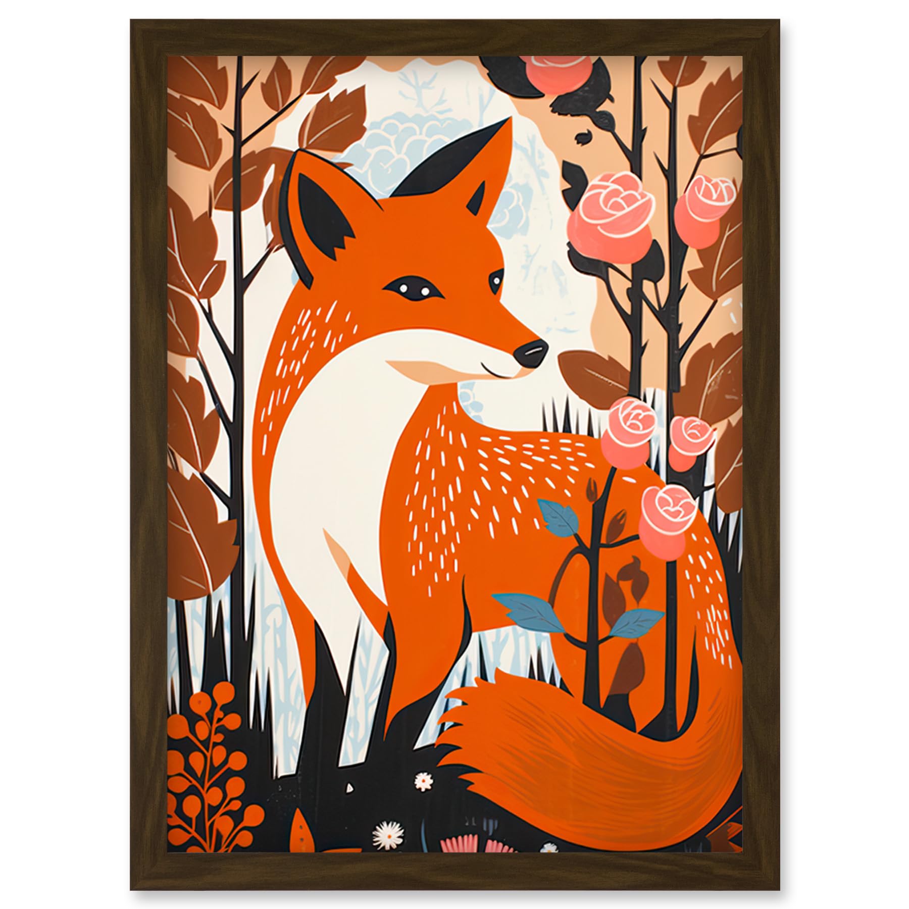 Artery8 The Fox and Rose Bush Pastel Colour Autumn Forest Landscape Flowers Artwork Framed Wall Art Print A4