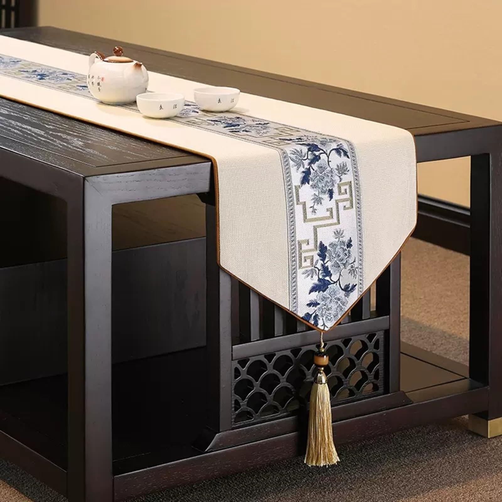 Tischläufer Baumwollleinen Landhausstil, Tischläufer Wohnzimmer 33x220 cm, Orientalisch mit Quasten