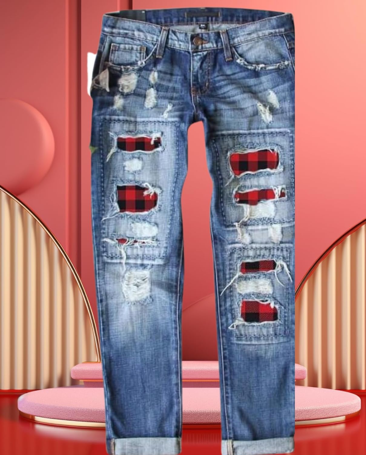 Women's Skinny Ripped Jeans - Mid-Rise Stretch Denim with Destroyed Holes & Retro Plaid Patch Design​