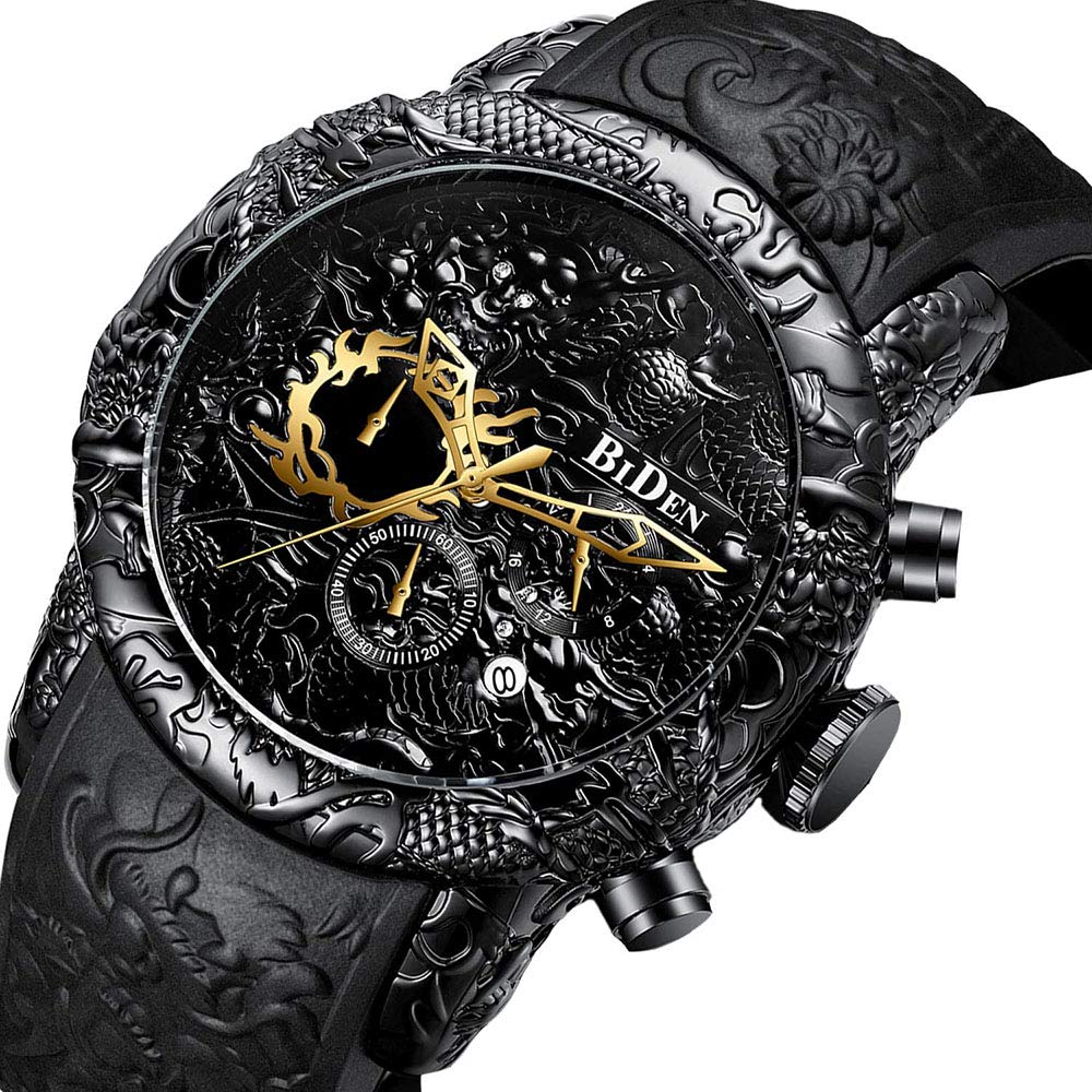 MASTOP Men's Fashion Big Dial 3D Sculpture Dragon Watches Men Quartz Watches Luxury Exquisite Creative Watch