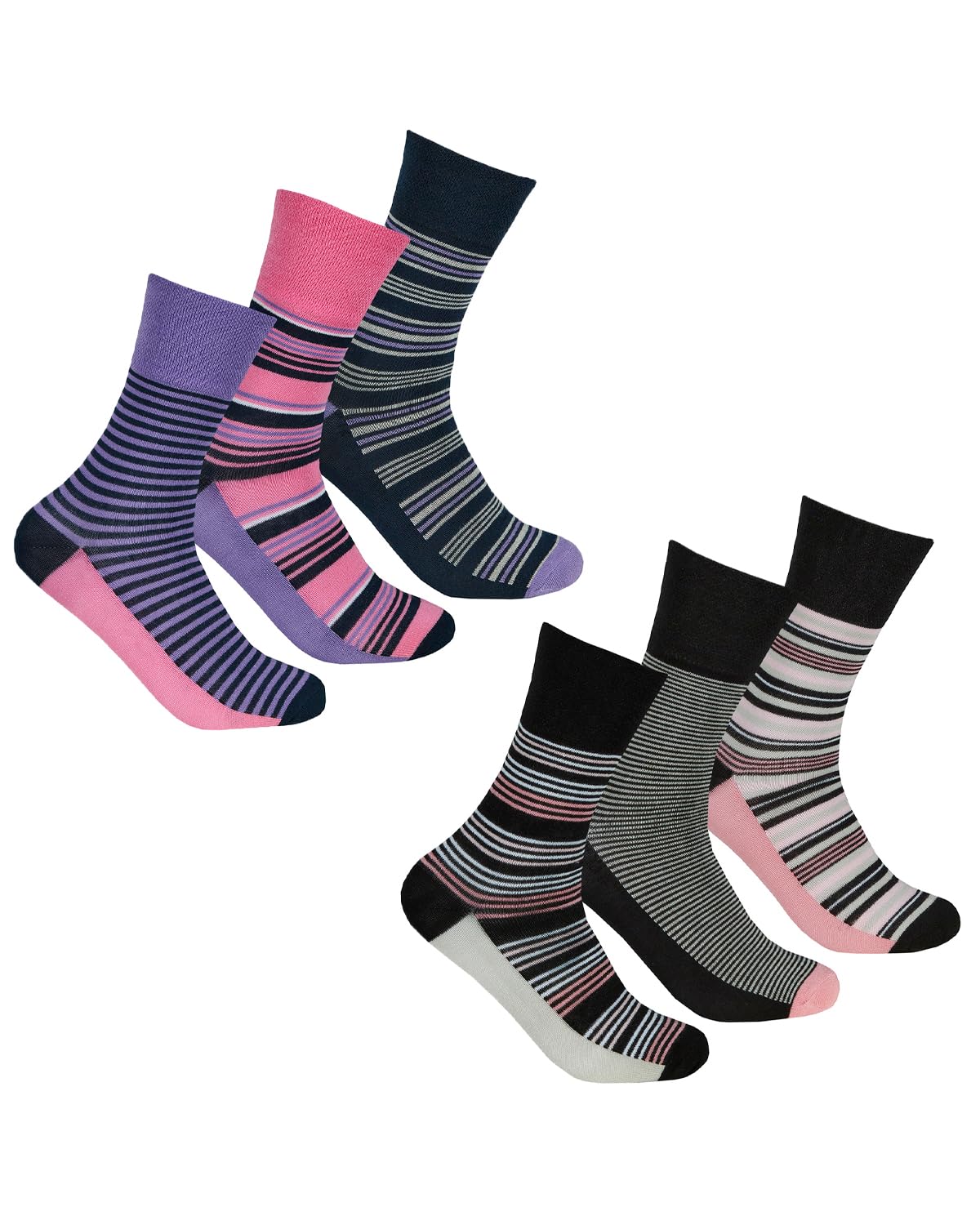 Undercover 6 Pairs Ladies Bamboo Comfort Fit Socks 41B521 Pink/Purple Stripe