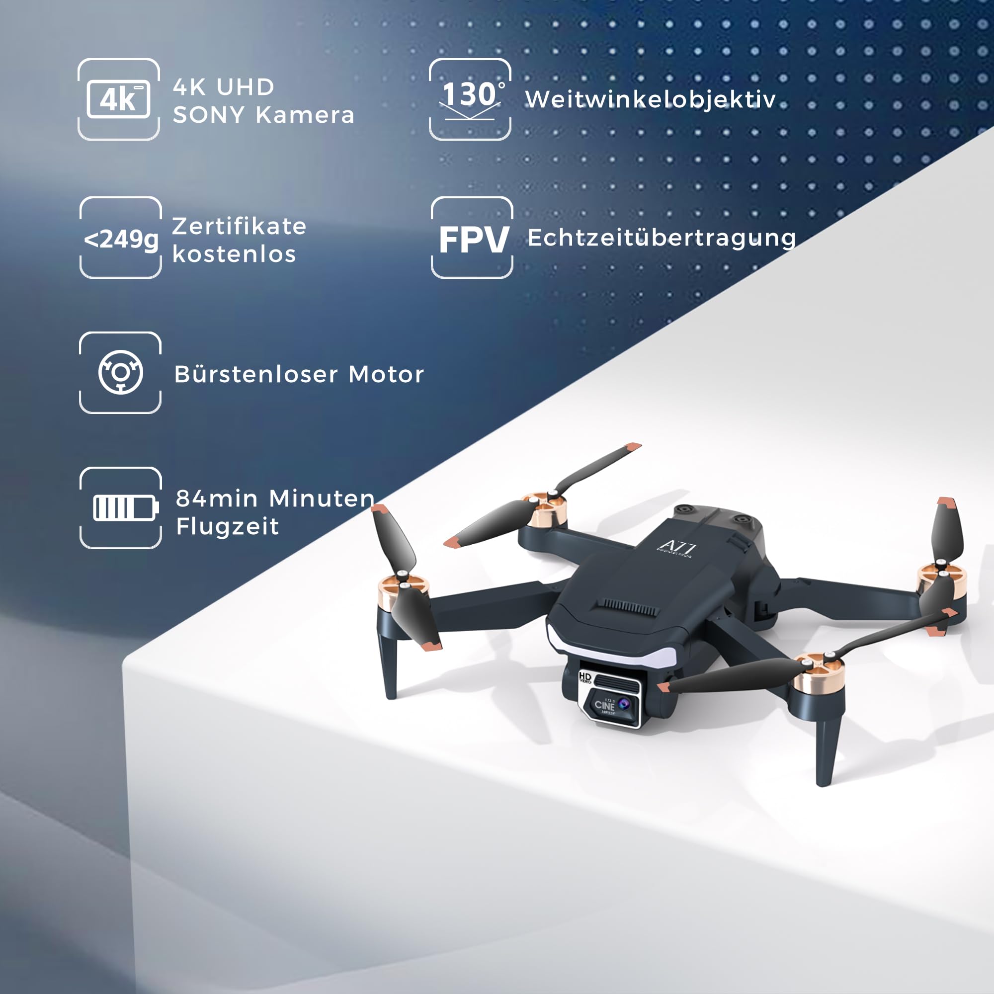 Dauerhafter bürstenloser Motor-Drohne mit 84 Minuten super langer Flugzeit, Drohne mit 4K HD-Kamera für Anfänger, CHUBORY A77 WiFi FPV Quadcopter, Folge-Modus, Auto-Hover, 3 Batterien, Tragetasche