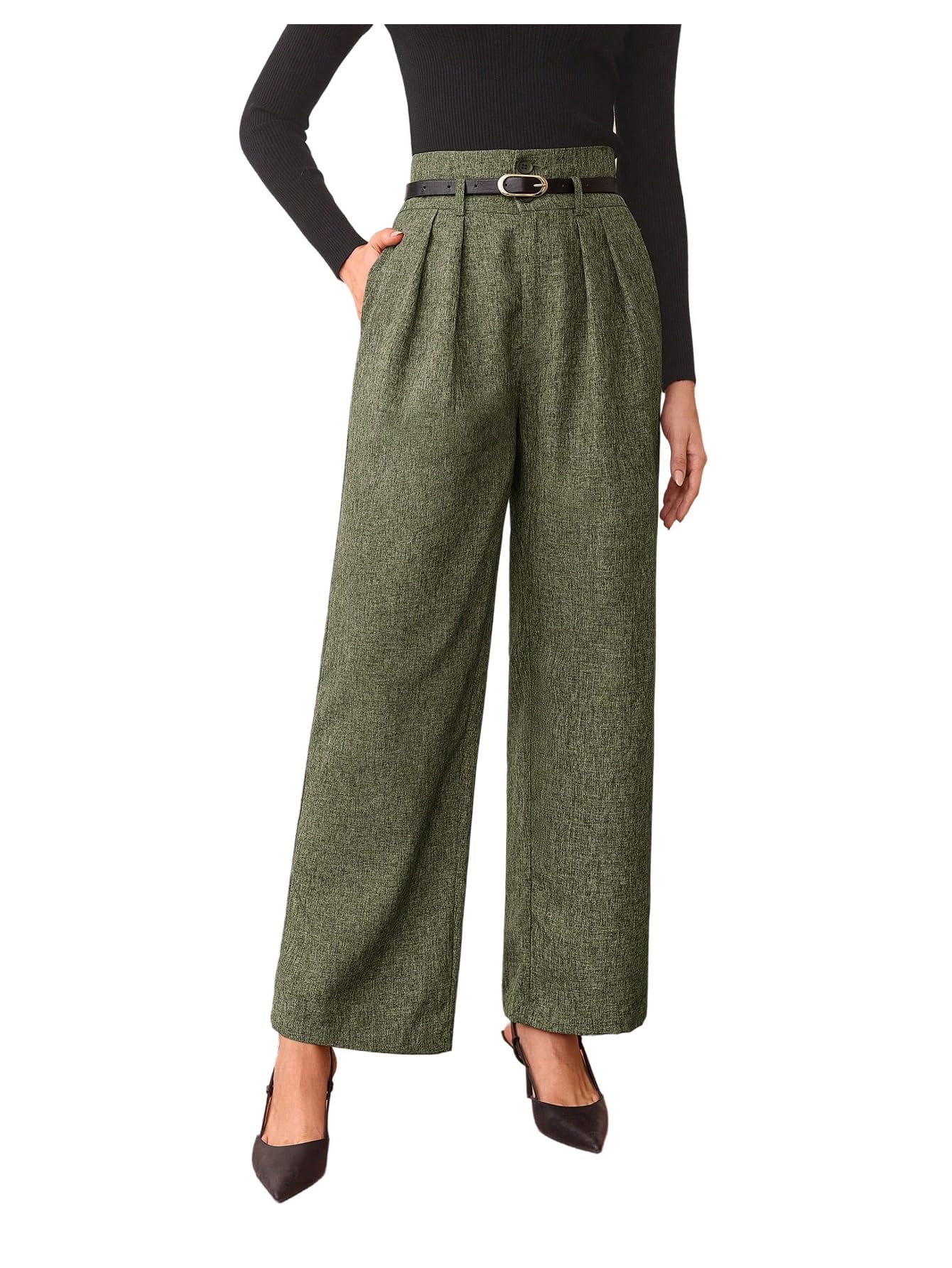 MakeMeChic Womens Fall Work High Waist Pants Pleated Business Office Straight Leg Belted Trousers